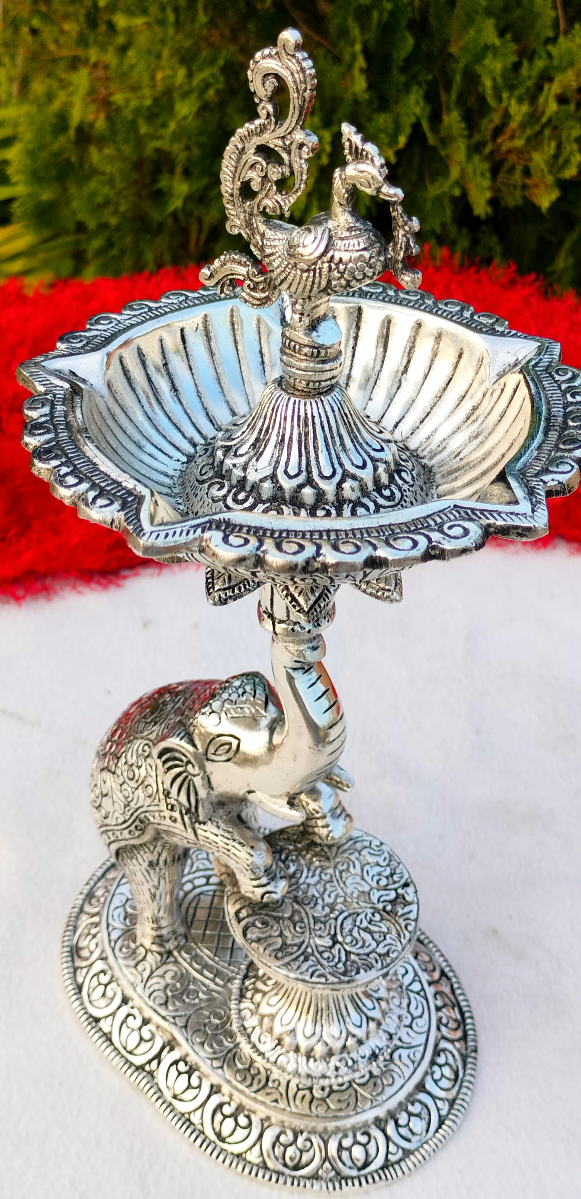 Antique finish German silver big Size 14"-15" inch Elephant diya pair